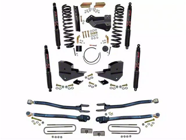 SkyJacker 6-Inch 4-Link Suspension Lift Kit with Rear Lift Blocks and Black MAX Shocks (23-24 4WD 6.8L, 7.3L F-250 Super Duty w/o 4-Inch Axles, Factory LED Headlights, Onboard Scales)