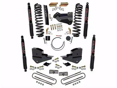 SkyJacker 6-Inch Suspension Lift Kit with Rear Lift Blocks and Black MAX Shocks (23-24 4WD 6.8L, 7.3L F-250 Super Duty w/o 4-Inch Axles, Factory LED Headlights, Onboard Scales)