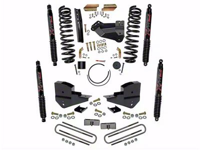 SkyJacker 4-Inch Suspension Lift Kit with Rear Lift Blocks and Black MAX Shocks (23-24 4WD 6.8L, 7.3L F-350 Super Duty SRW w/o 4-Inch Axles, Factory LED Headlights, Onboard Scales)