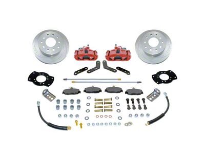 SSBC-USA Rear Disc Brake Conversion Kit with Built-In Parking Brake Assembly and Cross-Drilled/Slotted Rotors; Red Calipers (91-04 Dakota)
