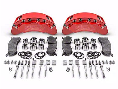 SSBC-USA B6-Brawler Rear 6-Piston Direct Fit Caliper and Ceramic Brake Pad Upgrade Kit with Cross-Drilled and Slotted Rotors; Red Calipers (12-20 4WD F-150 w/ Manual Parking Brake)