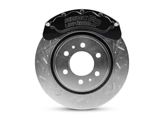 SSBC-USA B8-Brawler Front 8-Piston Direct Fit Caliper and Ceramic Brake Pad Upgrade Kit with Cross-Drilled and Slotted Rotors; Black Calipers (12-20 4WD F-150)