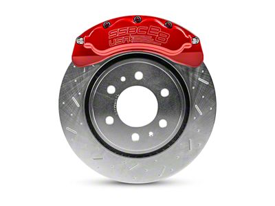SSBC-USA B8-Brawler Front 8-Piston Direct Fit Caliper and Ceramic Brake Pad Upgrade Kit with Cross-Drilled and Slotted Rotors; Red Calipers (12-20 4WD F-150)