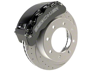 SSBC-USA Barbarian Front 8-Piston Direct Fit Caliper and Semi-Metallic Brake Pad Upgrade Kit with Cross-Drilled Slotted Rotors; Black Calipers (05-12 4WD F-250 Super Duty)