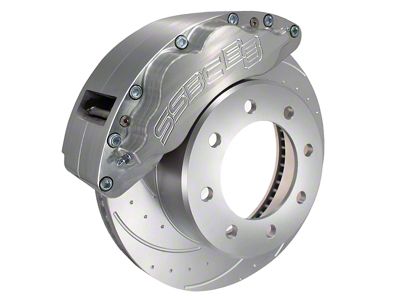 SSBC-USA Barbarian Front 8-Piston Direct Fit Caliper and Semi-Metallic Brake Pad Upgrade Kit with Cross-Drilled Slotted Rotors; Clear Anodized Calipers (23-25 4WD F-250 Super Duty)