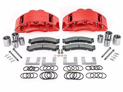 SSBC-USA Barbarian Rear 8-Piston Direct Fit Caliper and Semi-Metallic Brake Pad Upgrade Kit with Cross-Drilled Slotted Rotors; Red Calipers (13-22 F-250 Super Duty)