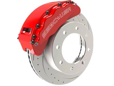 SSBC-USA Barbarian Rear 8-Piston Direct Fit Caliper and Semi-Metallic Brake Pad Upgrade Kit with Cross-Drilled Slotted Rotors; Red Calipers (05-12 4WD F-250 Super Duty)