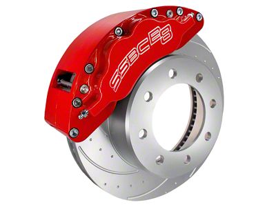 SSBC-USA Barbarian Rear 8-Piston Direct Fit Caliper and Semi-Metallic Brake Pad Upgrade Kit with Cross-Drilled Slotted Rotors; Red Calipers (23-25 4WD F-250 Super Duty)