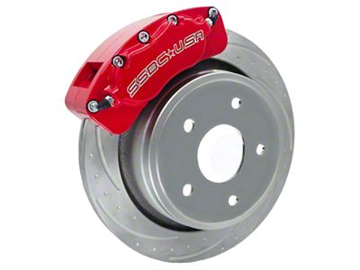 SSBC-USA B4-Brawler LT Rear 4-Piston Direct Fit Caliper and Ceramic Brake Pad Upgrade Kit with Cross-Drilled Slotted Rotors; Red Calipers (09-18 RAM 1500)