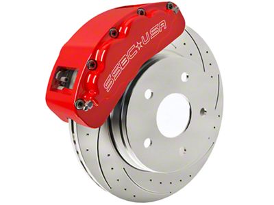 SSBC-USA B8-Brawler LT Front 8-Piston Direct Fit Caliper and Ceramic Brake Pad Upgrade Kit with Cross-Drilled Slotted Rotors; Red Calipers (09-18 RAM 1500)