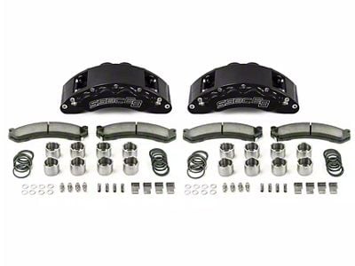 SSBC-USA Barbarian Front 8-Piston Direct Fit Caliper and Semi-Metallic Brake Pad Upgrade Kit with Cross-Drilled Slotted Rotors; Black Calipers (09-24 RAM 2500)