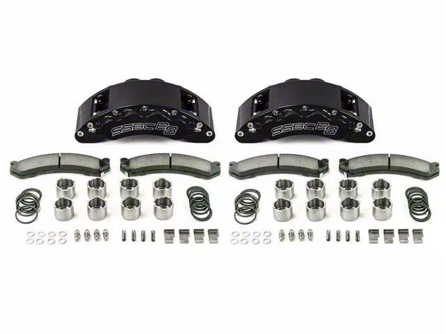 SSBC-USA Barbarian Front 8-Piston Direct Fit Caliper and Semi-Metallic Brake Pad Upgrade Kit with Cross-Drilled Slotted Rotors; Black Calipers (09-24 RAM 3500)