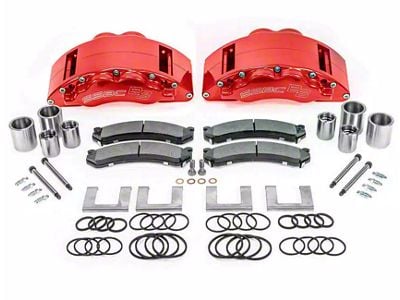 SSBC-USA Barbarian Front 8-Piston Direct Fit Caliper and Semi-Metallic Brake Pad Upgrade Kit with Cross-Drilled Slotted Rotors; Red Calipers (09-24 RAM 3500)