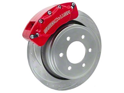 SSBC-USA B4-Brawler LT Rear 4-Piston Direct Fit Caliper and Ceramic Brake Pad Upgrade Kit with Dimple Drilled/Slotted Rotors; Red Calipers (07-18 Sierra 1500)