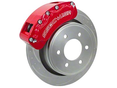 SSBC-USA B6-Brawler LT Front 6-Piston Direct Fit Caliper and Ceramic Brake Pad Upgrade Kit with Dimple Drilled/Slotted Rotors; Red Calipers (07-18 Sierra 1500)