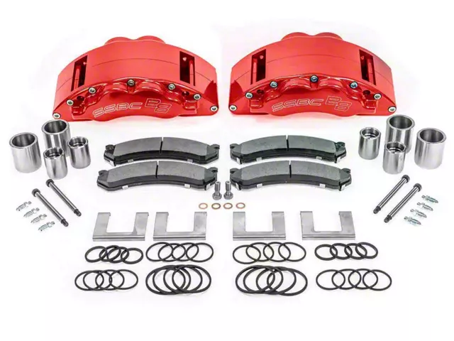 SSBC-USA Barbarian Front 8-Piston Direct Fit Caliper and Semi-Metallic Brake Pad Upgrade Kit with Cross-Drilled Slotted Rotors; Red Calipers (20-24 Sierra 3500 HD)
