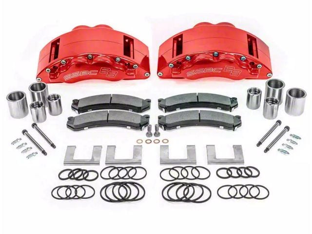 SSBC-USA Barbarian Front 8-Piston Direct Fit Caliper and Semi-Metallic Brake Pad Upgrade Kit with Cross-Drilled Slotted Rotors; Red Calipers (20-24 Silverado 2500 HD)