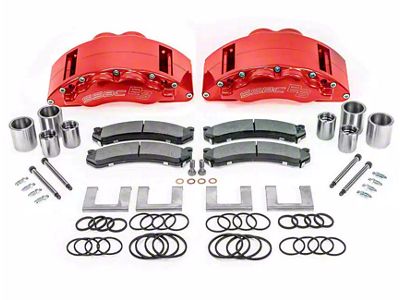 SSBC-USA Barbarian Front 8-Piston Direct Fit Caliper and Semi-Metallic Brake Pad Upgrade Kit with Cross-Drilled Slotted Rotors; Red Calipers (11-19 Silverado 3500 HD)
