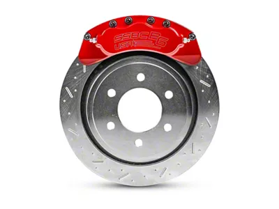 SSBC-USA B6-Brawler Rear 6-Piston Direct Fit Caliper and Semi-Metallic Brake Pad Upgrade Kit with Cross-Drilled Slotted Rotors; Red Calipers (07-20 4WD Tahoe)