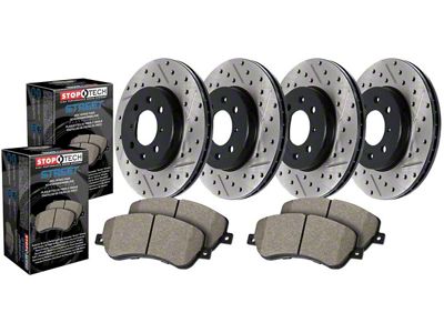 StopTech Street Axle Drilled and Slotted 5-Lug Brake Rotor and Pad Kit; Front and Rear (99-Early 00 4WD F-150)