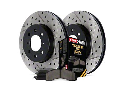 StopTech Truck Axle Slotted and Drilled 5-Lug Brake Rotor and Pad Kit; Rear (Late 00-03 F-150 w/ Rear Disc Brakes)