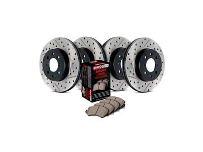 StopTech Sport Axle Slotted and Drilled 8-Lug Brake Rotor and Pad Kit; Front and Rear (12-22 4WD F-250 Super Duty)