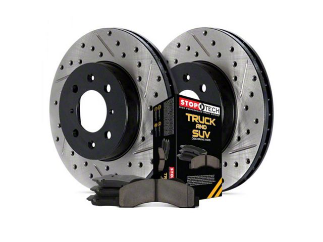 StopTech Truck Axle Slotted and Drilled 8-Lug Brake Rotor and Pad Kit; Front (12-22 4WD F-250 Super Duty)