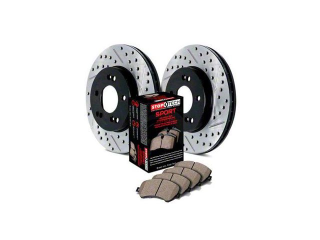 StopTech Sport Axle Slotted and Drilled 8-Lug Brake Rotor and Pad Kit; Front (12-22 4WD F-350 Super Duty)