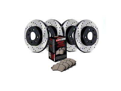 StopTech Sport Axle Drilled 5-Lug Brake Rotor and Pad Kit; Front and Rear (06-18 RAM 1500, Excluding SRT-10 & Mega Cab)