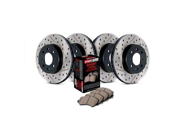 StopTech Sport Axle Slotted and Drilled 5-Lug Brake Rotor and Pad Kit; Front and Rear (06-18 RAM 1500, Excluding SRT-10 & Mega Cab)