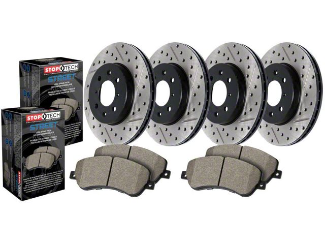 StopTech Street Axle Drilled and Slotted 5-Lug Brake Rotor and Pad Kit; Front and Rear (06-18 RAM 1500, Excluding SRT-10 & Mega Cab)