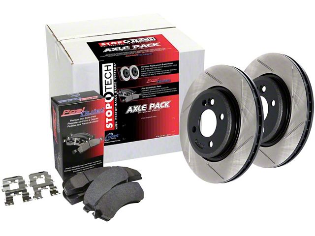 StopTech Street Axle Slotted 5-Lug Brake Rotor and Pad Kit; Front and Rear (06-18 RAM 1500, Excluding SRT-10 & Mega Cab)