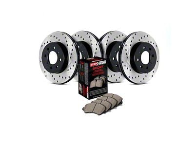 StopTech Sport Axle Drilled 8-Lug Brake Rotor and Pad Kit; Front and Rear (03-08 RAM 2500)