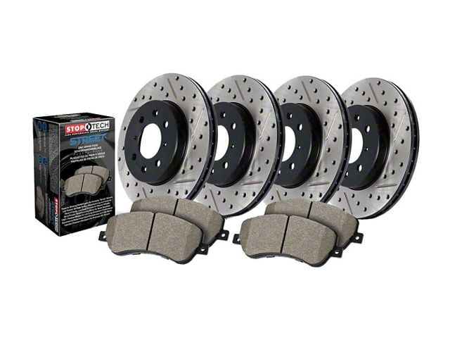 StopTech Street Axle Drilled and Slotted 8-Lug Brake Rotor and Pad Kit; Front and Rear (09-18 RAM 2500)