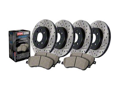 StopTech Street Axle Drilled and Slotted 8-Lug Brake Rotor and Pad Kit; Front and Rear (09-18 RAM 2500)