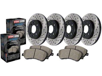StopTech Street Axle Drilled and Slotted 6-Lug Brake Rotor and Pad Kit; Front and Rear (14-18 Sierra 1500)