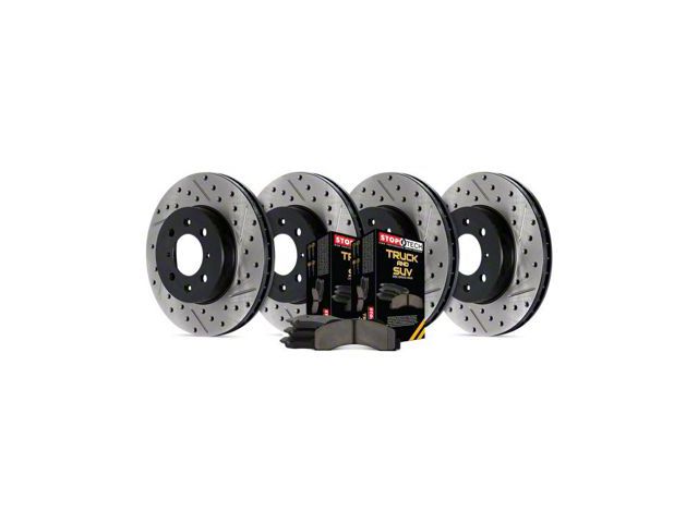 StopTech Truck Axle Slotted and Drilled 8-Lug Brake Rotor and Pad Kit; Front and Rear (12-15 Sierra 3500 HD SRW)