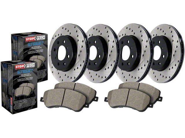 StopTech Street Axle Drilled 6-Lug Brake Rotor and Pad Kit; Front and Rear (14-18 Silverado 1500)