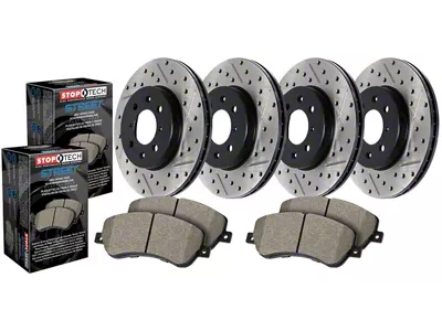 StopTech Street Axle Drilled and Slotted 6-Lug Brake Rotor and Pad Kit; Front and Rear (14-18 Silverado 1500)