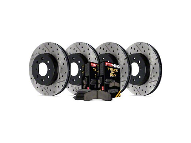 StopTech Truck Axle Slotted and Drilled 6-Lug Brake Rotor and Pad Kit; Front and Rear (2005 Silverado 1500 Crew Cab w/ Quadrasteer)
