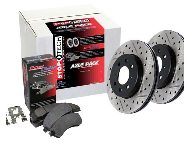 StopTech Street Axle Drilled and Slotted 8-Lug Brake Rotor and Pad Kit; Rear (16-17 Silverado 2500 HD)