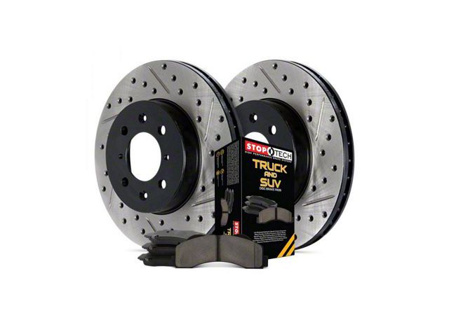 StopTech Truck Axle Slotted and Drilled 8-Lug Brake Rotor and Pad Kit; Rear (16-17 Silverado 2500 HD)