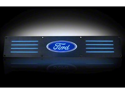 Billet Front Door Sill Plates with Ford Logo; Black Finish with Blue Illumination (11-16 F-250 Super Duty)