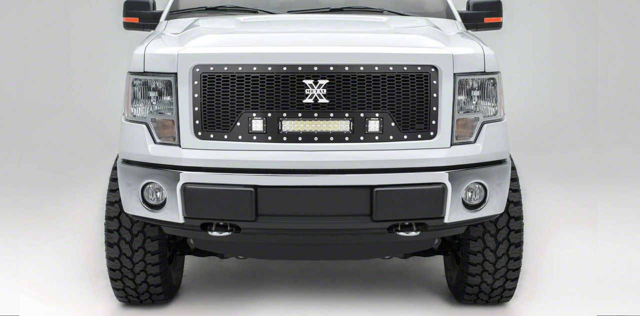 T-REX Grilles Laser Torch Series Upper Grille Insert with 12-Inch LED Light Bar and 3-Inch LED Cube Lights; Black (09-14 F-150, Excluding Raptor,…
