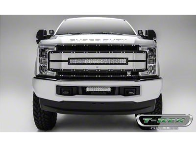 T-REX Grilles Torch AL Series Upper Replacement Grille with 30-Inch LED Light Bar; Black Mesh/Brushed Trim (17-19 F-350 Super Duty)