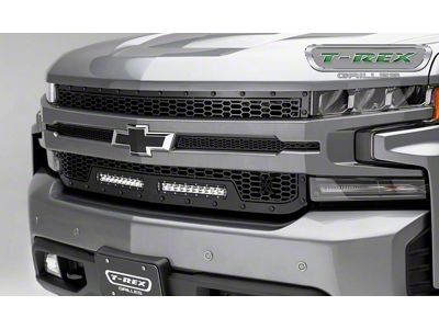 T-REX Grilles Stealth Laser Torch Series Upper Replacement Grille with Two 10-Inch LED Light Bars; Black (19-21 Silverado 1500, Excluding Custom, Custom Trail Boss & WT)