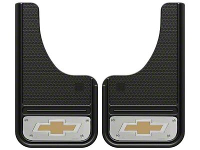 10-Inch x 18-Inch Mud Flaps with Mini Gold Bowtie Logo; Front or Rear (Universal; Some Adaptation May Be Required)