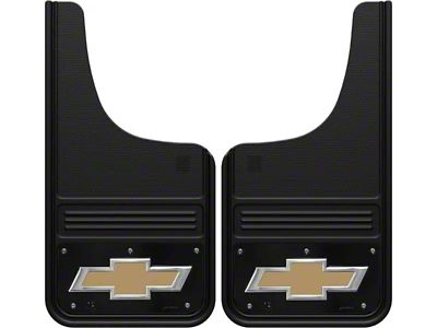 12-Inch x 23-Inch Mud Flaps with Gold Bowtie Logo; Front or Rear (Universal; Some Adaptation May Be Required)