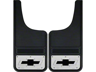 12-Inch x 26-Inch Mud Flaps with Black Bowtie Logo; Front or Rear (Universal; Some Adaptation May Be Required)