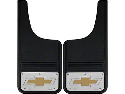 12-Inch x 26-Inch Mud Flaps with Gold Bowtie Logo; Front or Rear (Universal; Some Adaptation May Be Required)